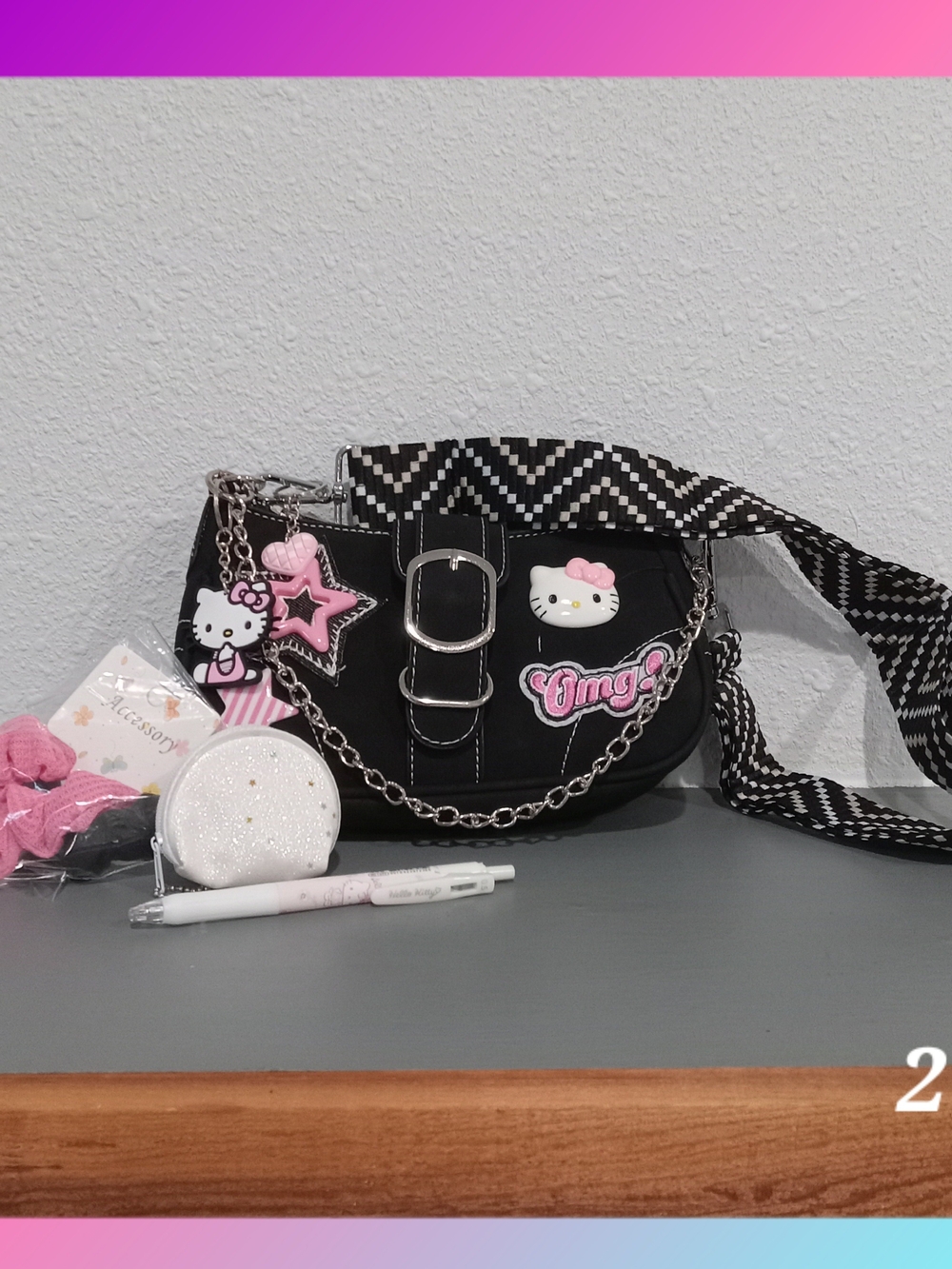 Womens Black and Pink Crossbody Bag Set with Chain and  2 Charms